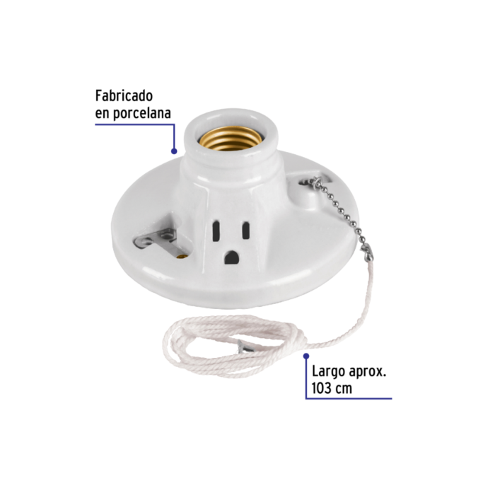 Portalámpara de porcelana, con ladrón y cadena, Volteck