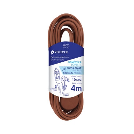 Extensión eléctrica doméstica de 4 metros color café con clavija plana de 90 grados marca Volteck de Truper código 48013.