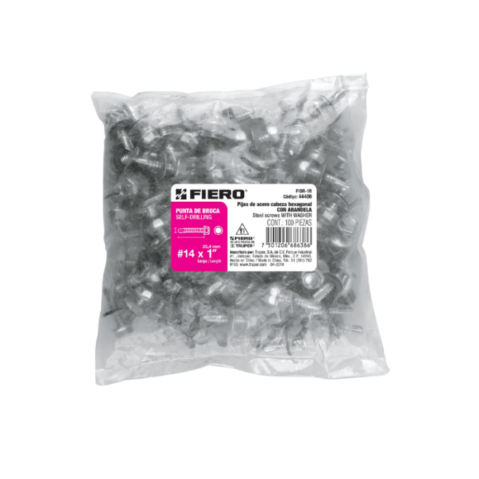 Bolsa con 100 pijas 1" hexagonal, punta broca con rondana