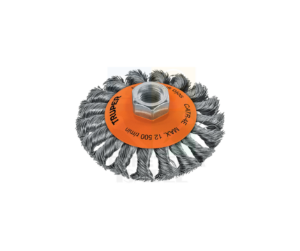 Carda tipo cónico 4”, alambre trenzado, 5/8”-11