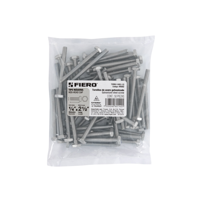 Bolsa con 50 tornillos 1/4" x 2-1/2" tipo máquina, Fiero