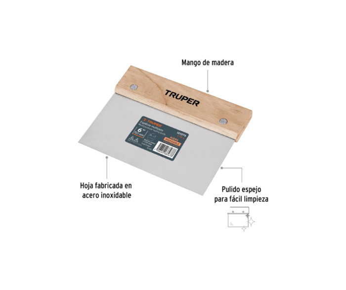 Espátula rectangular acero inoxidable 6", mango madera - Imagen 2