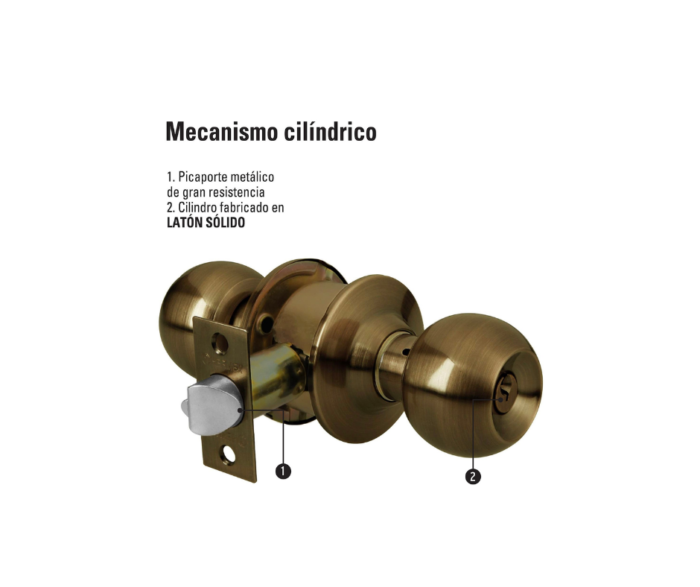 Cerradura esfera para entrada latón antiguo, Hermex - Imagen 3