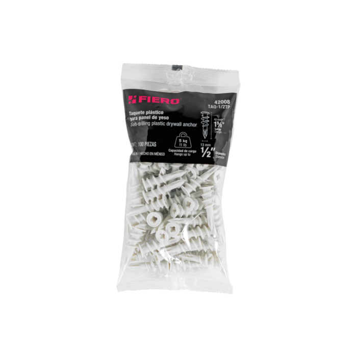 Bolsa con 100 taquetes de plástico 1/2", para panel de yeso