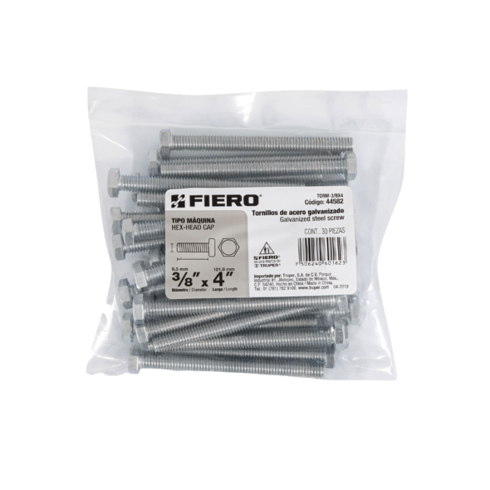 Bolsa con 30 tornillos 3/8" x 4" tipo máquina, Fiero