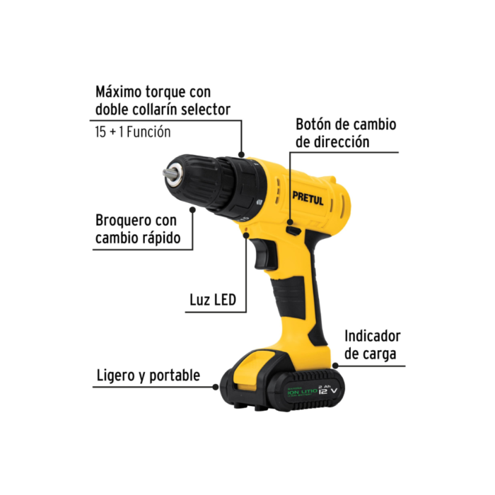 Kit taladro inalámbrico 3/8", 12 V, y accesorios con estuche