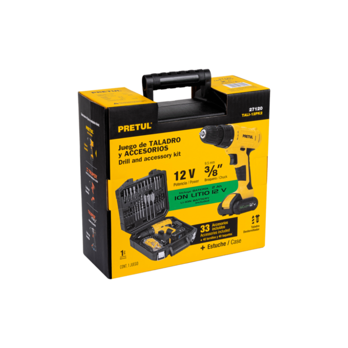 Kit taladro inalámbrico 3/8", 12 V, y accesorios con estuche