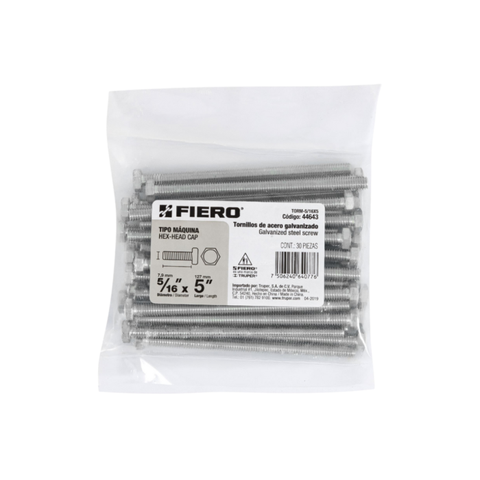 Bolsa con 30 tornillos 5/16" x 5" tipo máquina, Fiero