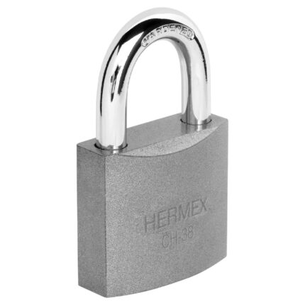 Candado de hierro de 38 mm con gancho corto y cilindro de latón marca Hermex de Truper código 43318 en presentación blíster.