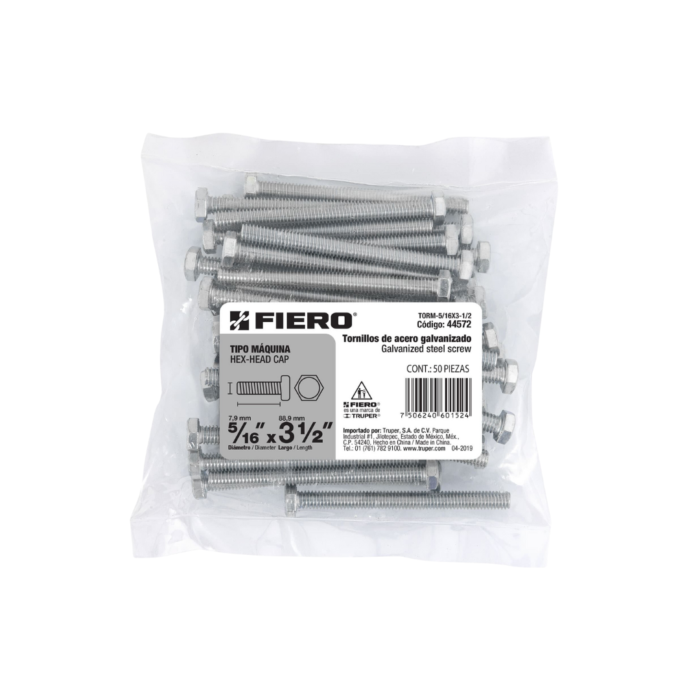Bolsa con 50 tornillos 5/16" x 3-1/2" tipo máquina, Fiero