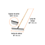 Rastrillo recto reforzado, 16 dientes, mango de 60", Truper